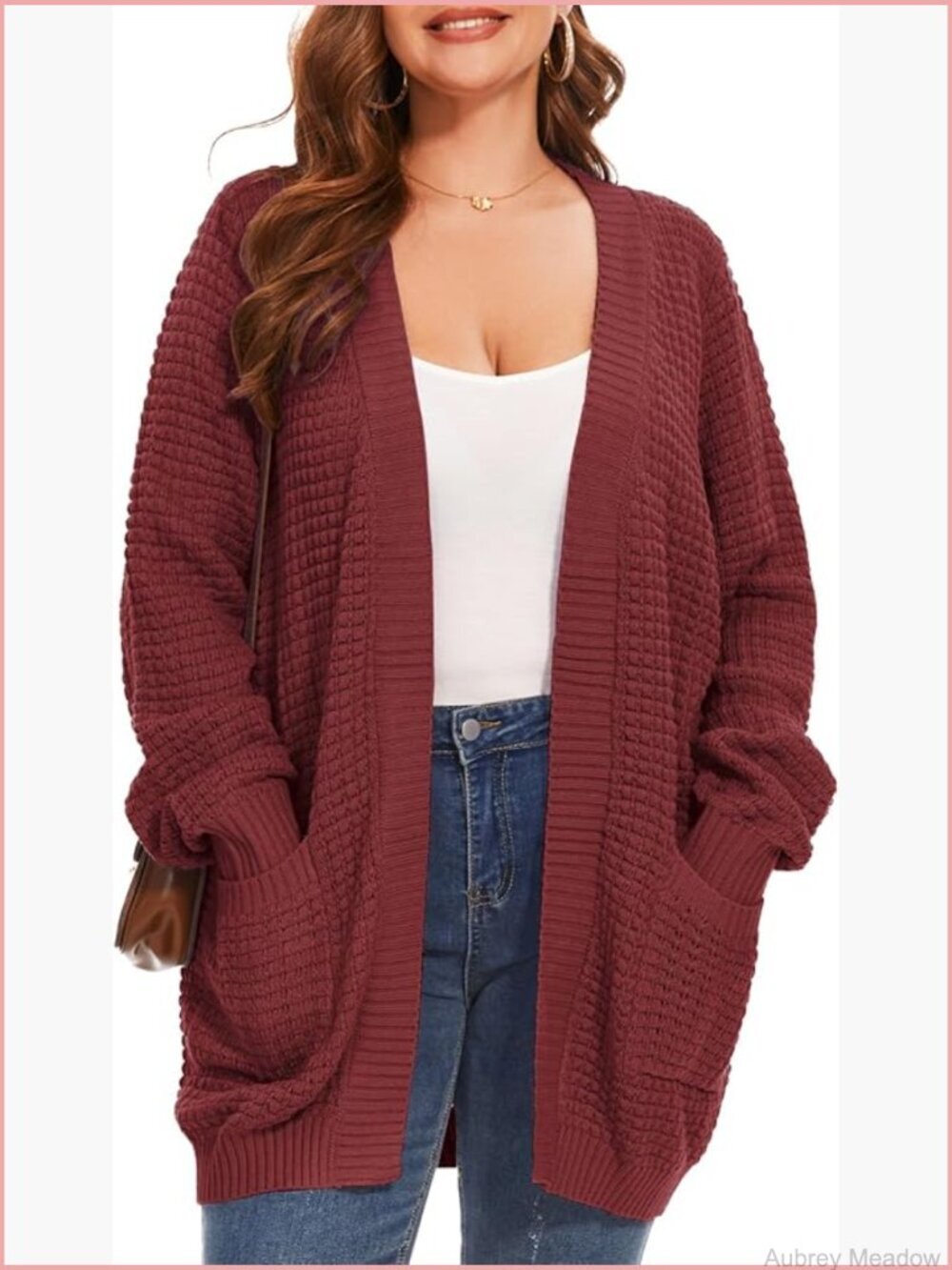 Plus Size Waffle Knit Open Front Cardigan with Pockets Long Sleeve Sweater Tops